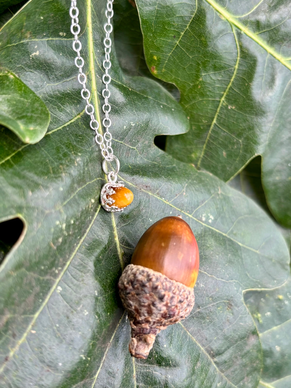 Copper Oak Leaf & Gemstone Acorn Necklace – wear 3 ways