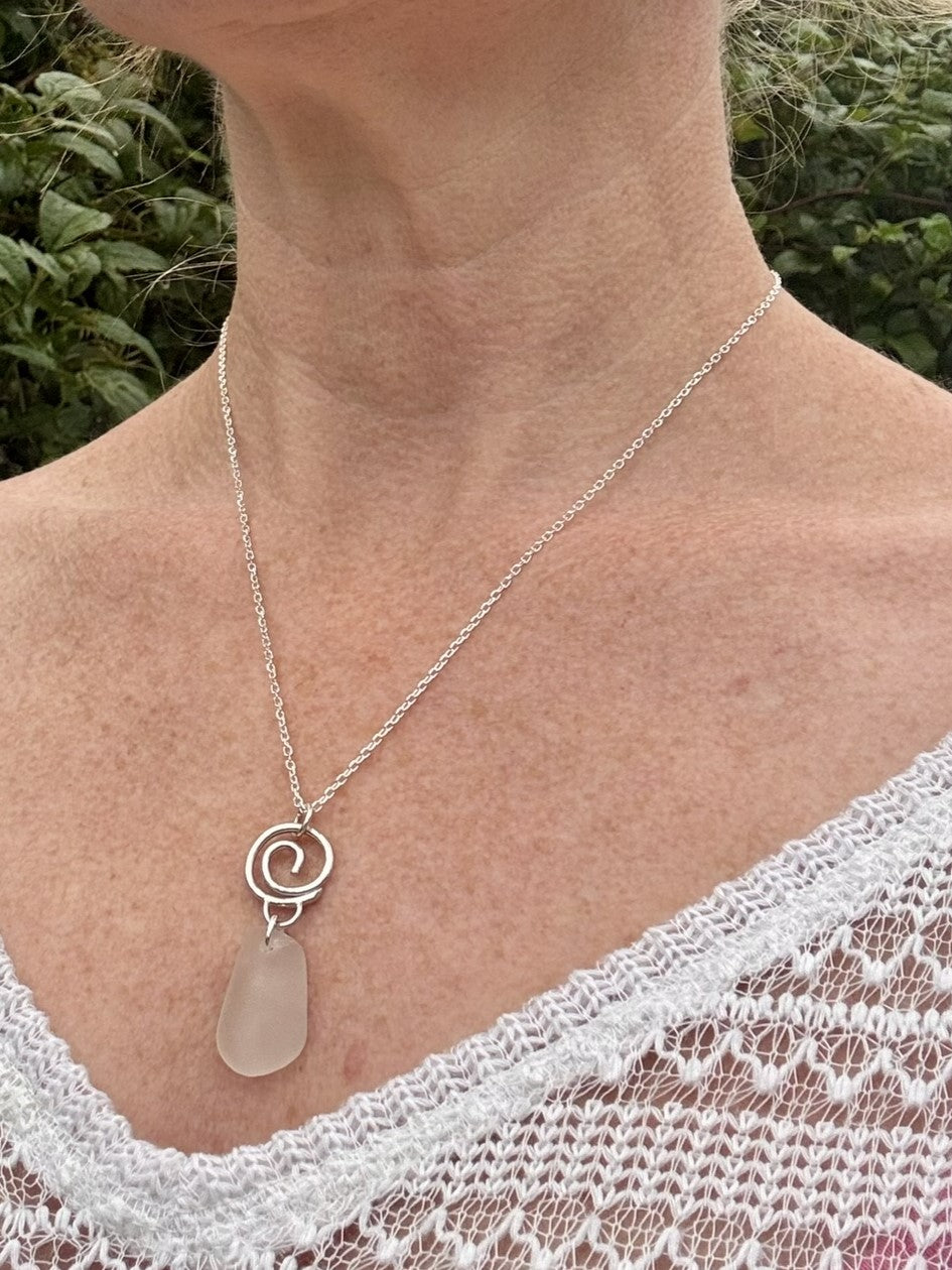 Little hammered silver wave and sea glass necklace