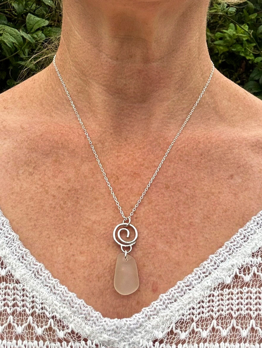 Little hammered silver wave and sea glass necklace