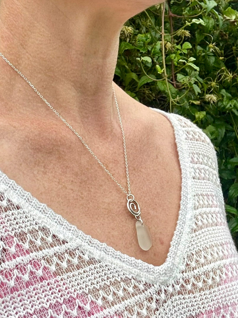 Little hammered silver wave and sea glass necklace
