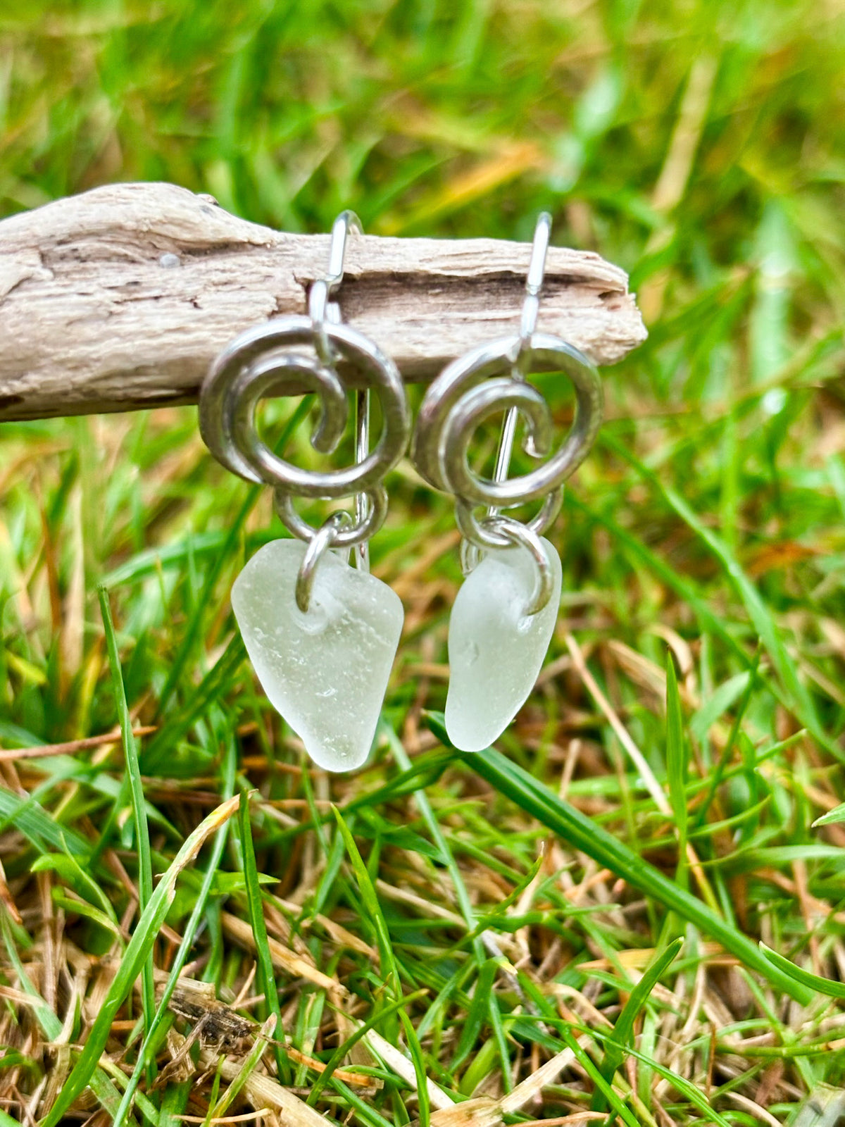 Little hammered silver wave and sea glass earrings