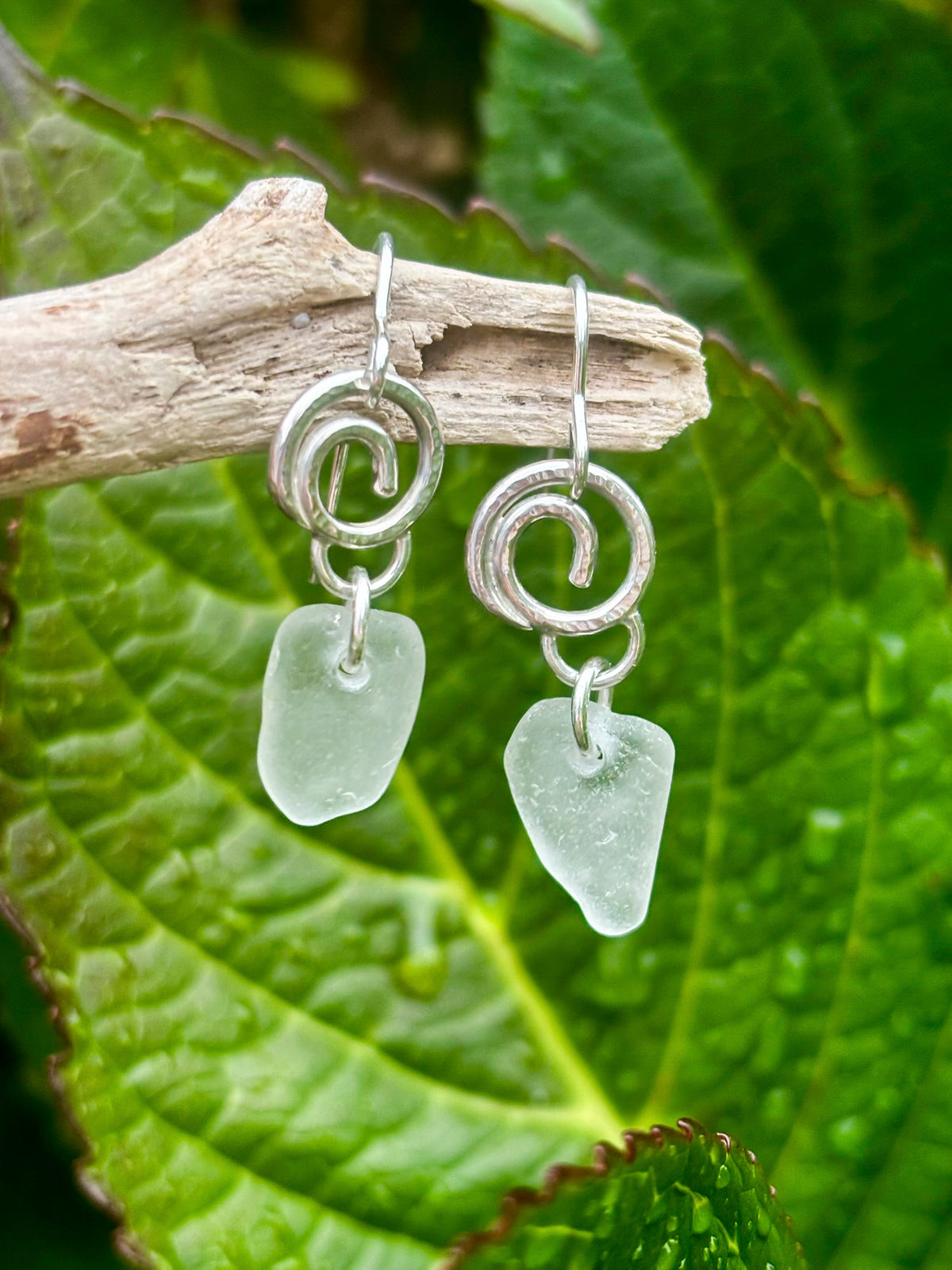 Little hammered silver wave and sea glass earrings