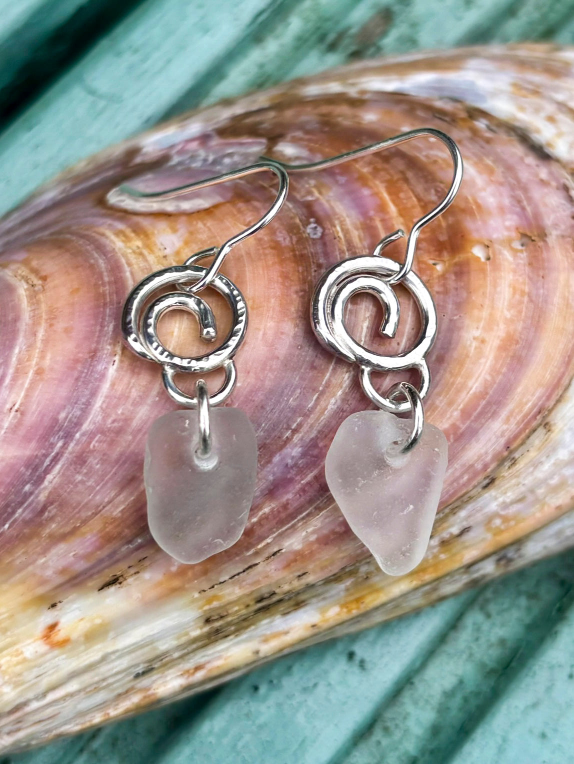 Little hammered silver wave and sea glass earrings