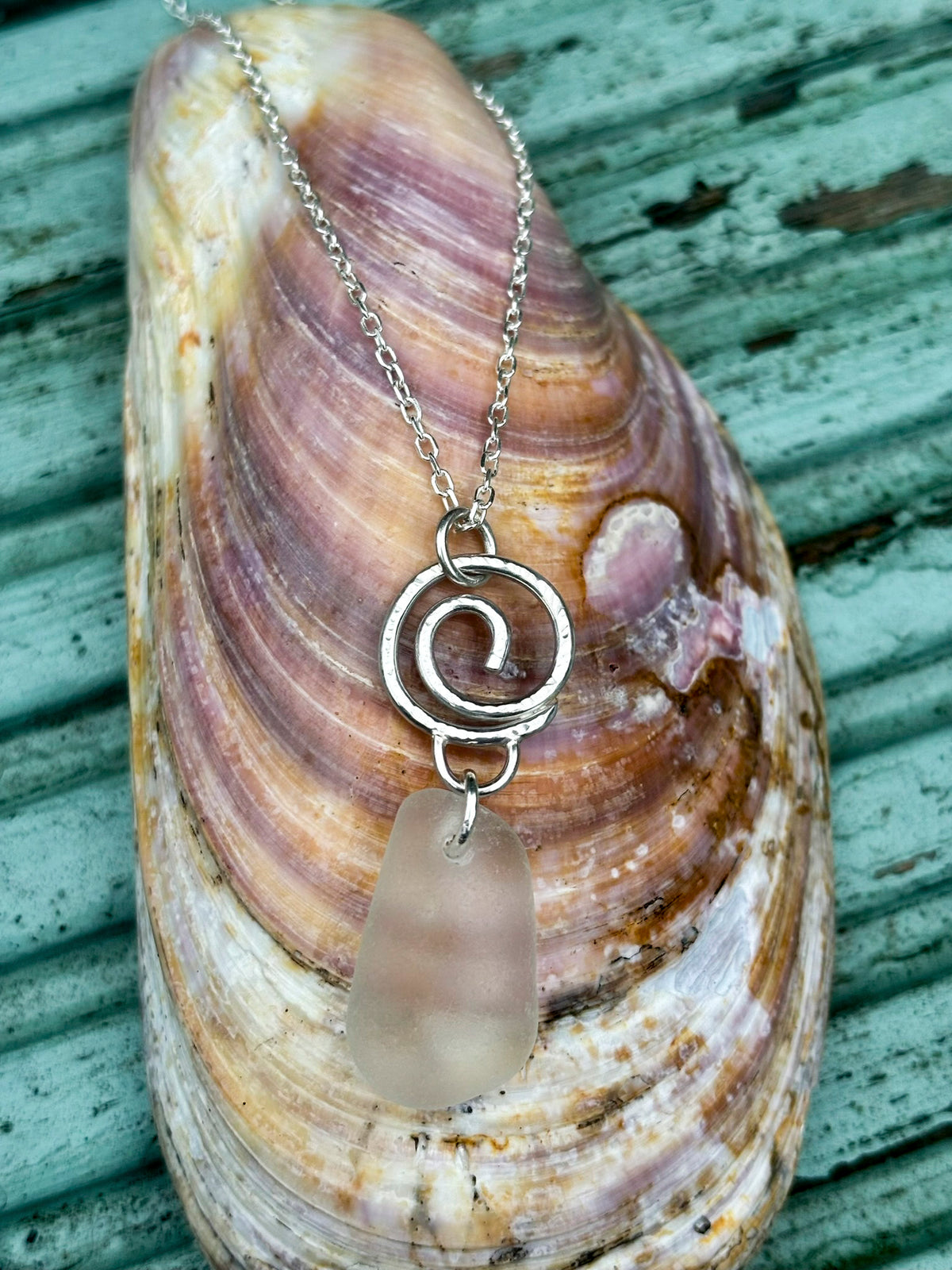 Little hammered silver wave and sea glass necklace