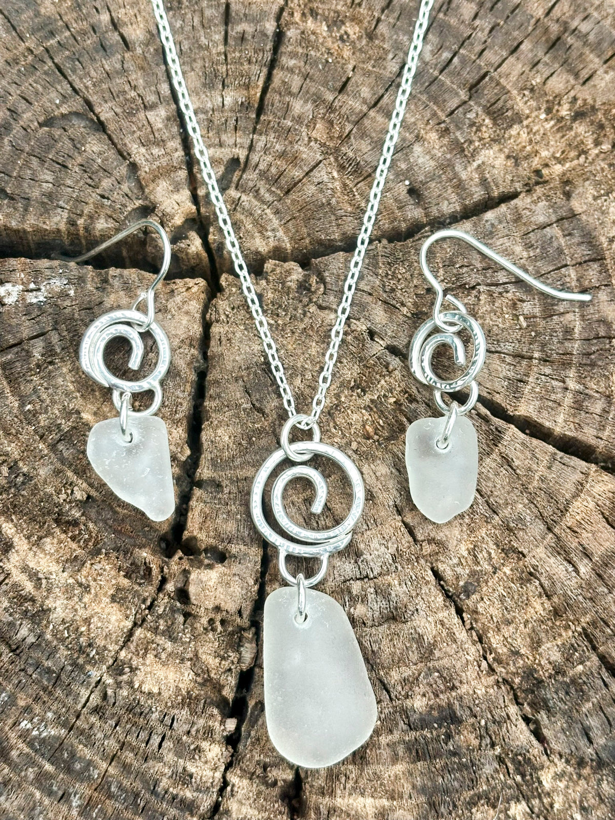 Little hammered silver wave and sea glass earrings