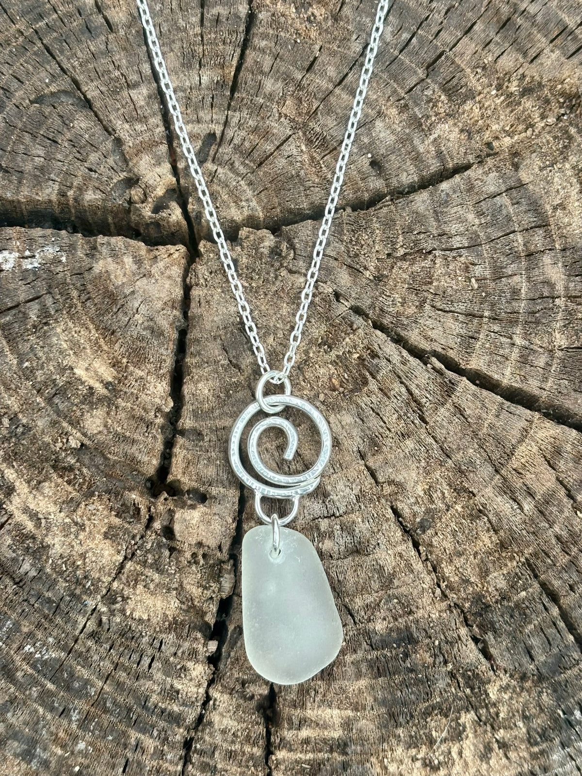 Little hammered silver wave and sea glass necklace