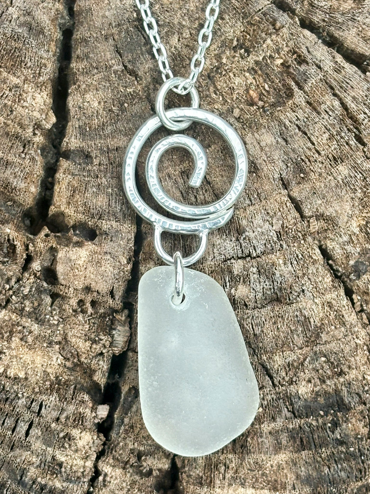 Little hammered silver wave and sea glass necklace