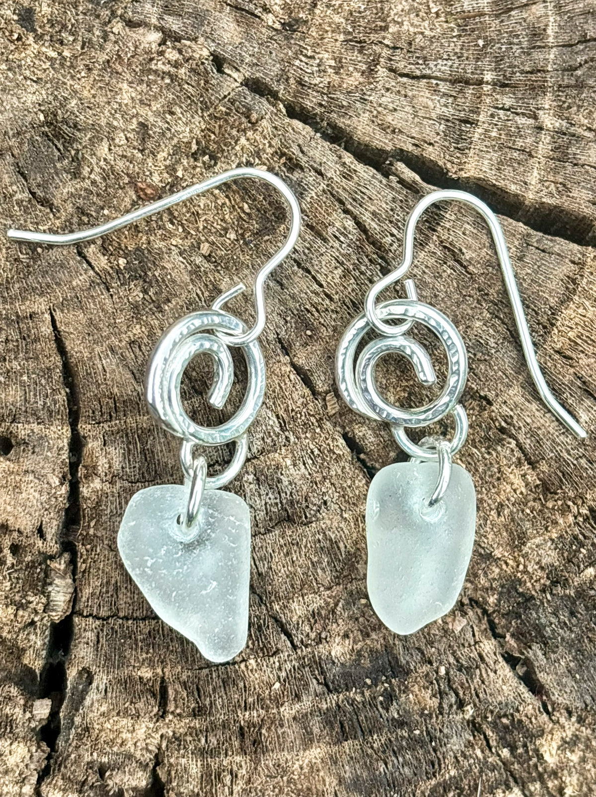Little hammered silver wave and sea glass earrings