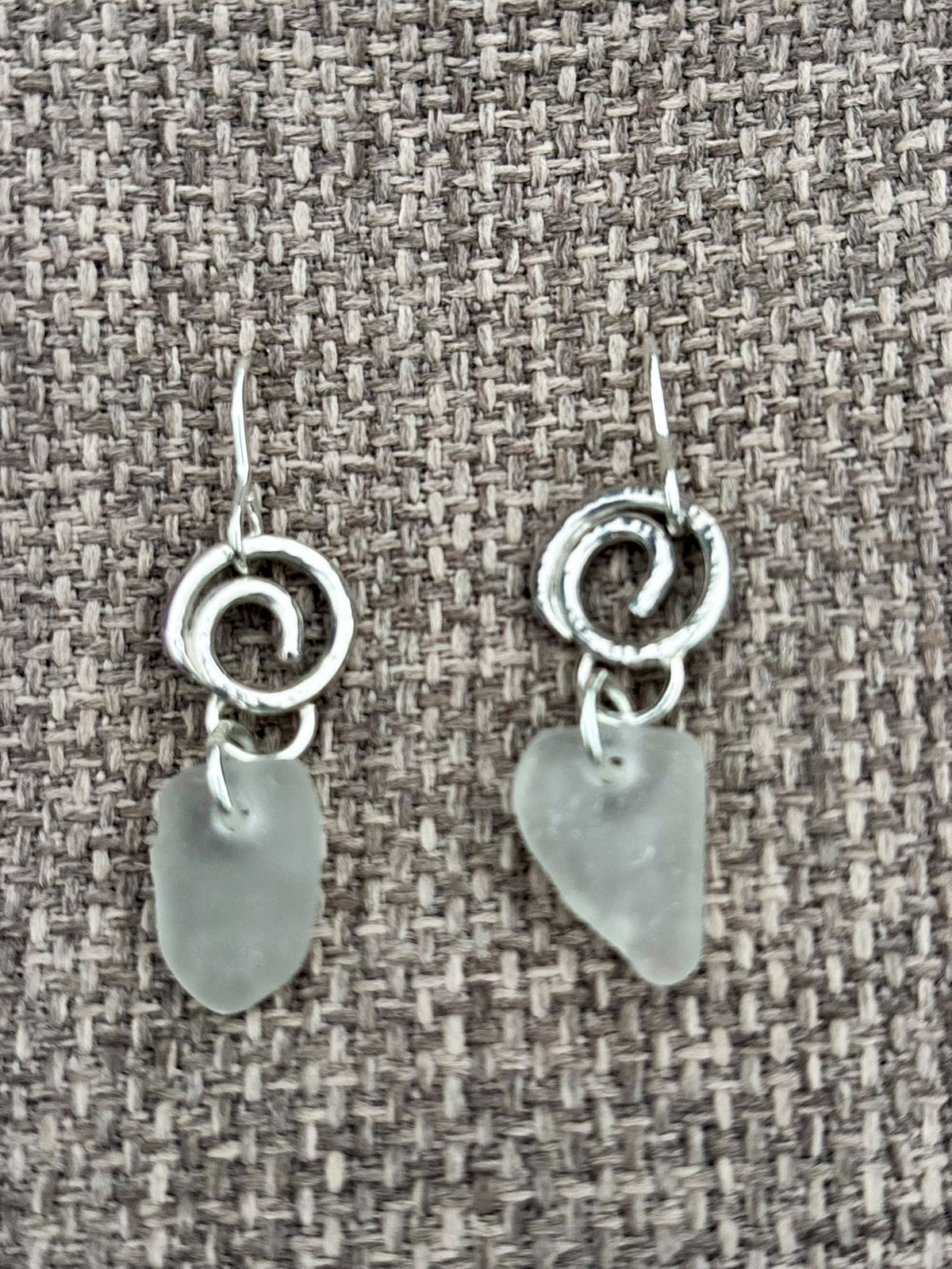 Little hammered silver wave and sea glass earrings