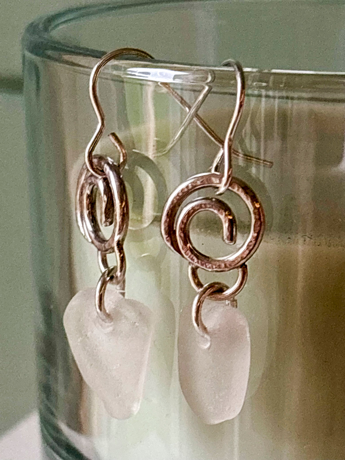 Little hammered silver wave and sea glass earrings