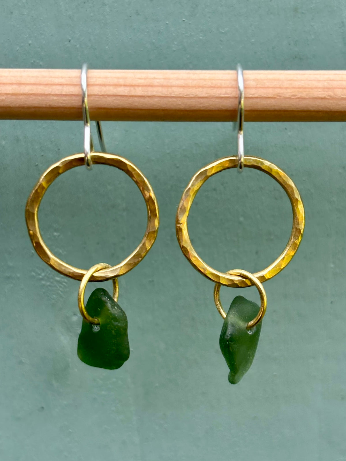 Hammered brass hoop and sea glass earrings