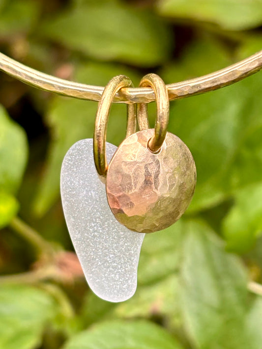 Hammered brass sea glass charm bangle