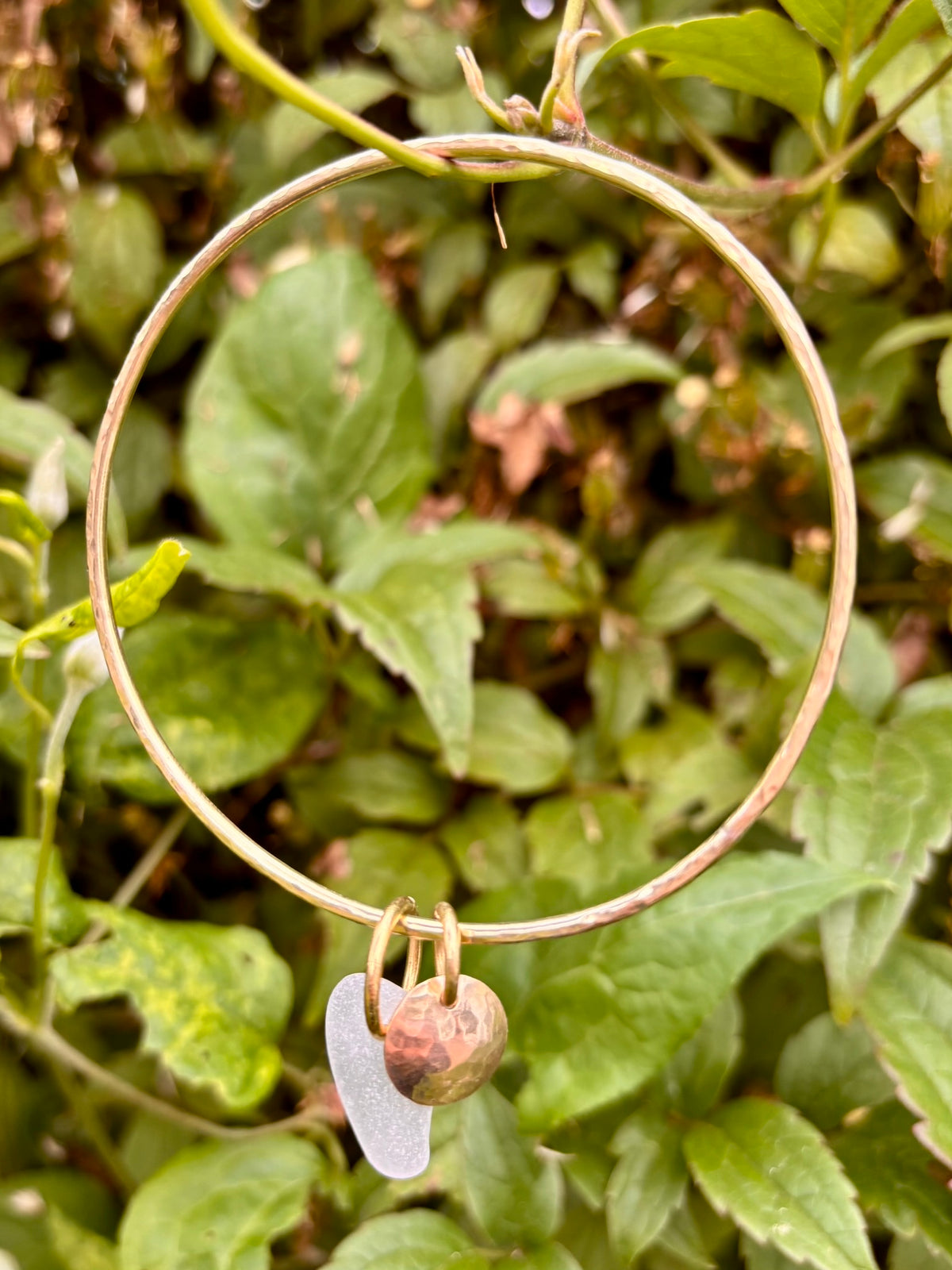 Hammered brass sea glass charm bangle